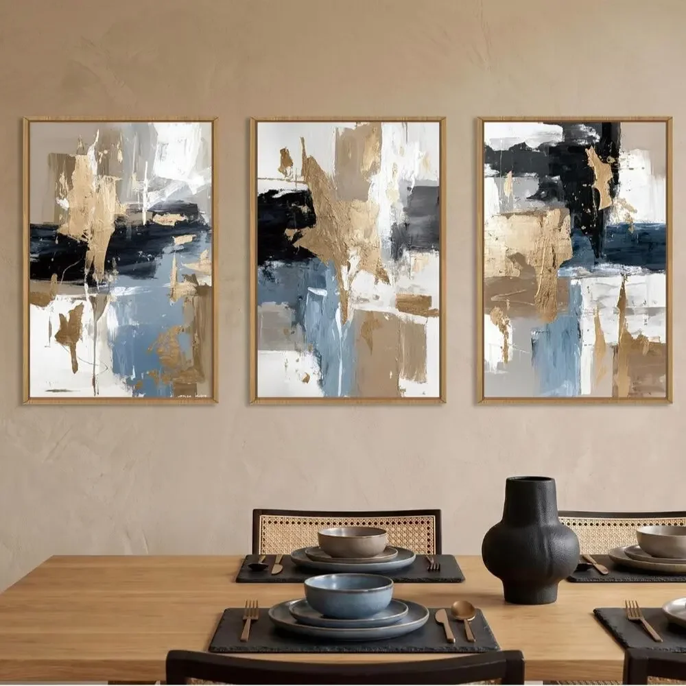 Navy Blue Gold Abstract Framed Canvas Wall Art Set 16x24 Triptych Decor. New OB